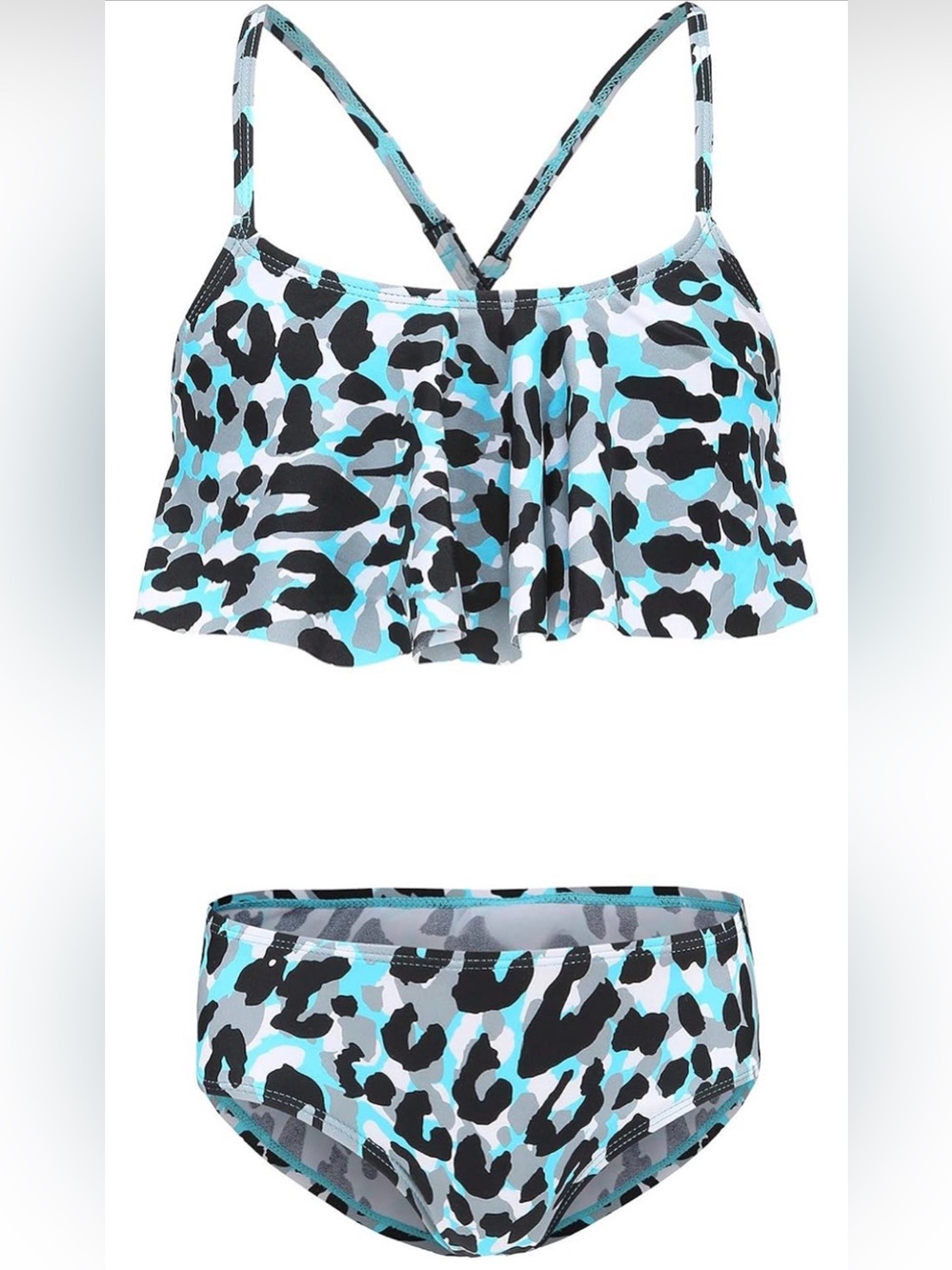 0152: Girls Aqua Leopard Flounce Two-Piece Swim Set